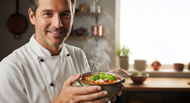 A smiling chef holding a bowl of hot lasagna with basil leaves, standing in a kitchen with a window and pots in the background.