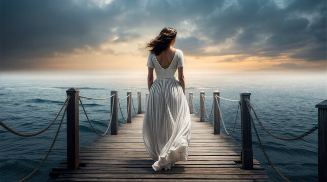 A woman in a flowing white dress walks down a wooden pier extending into a calm sea at sunset.  A dramatic sky. Peaceful, dream-like atmosphere.