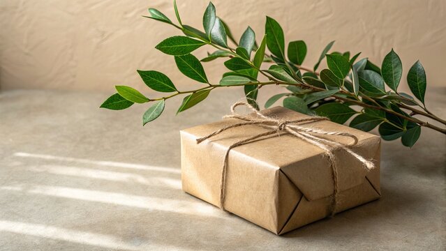 A brown paper package tied with string and a green branch on a table