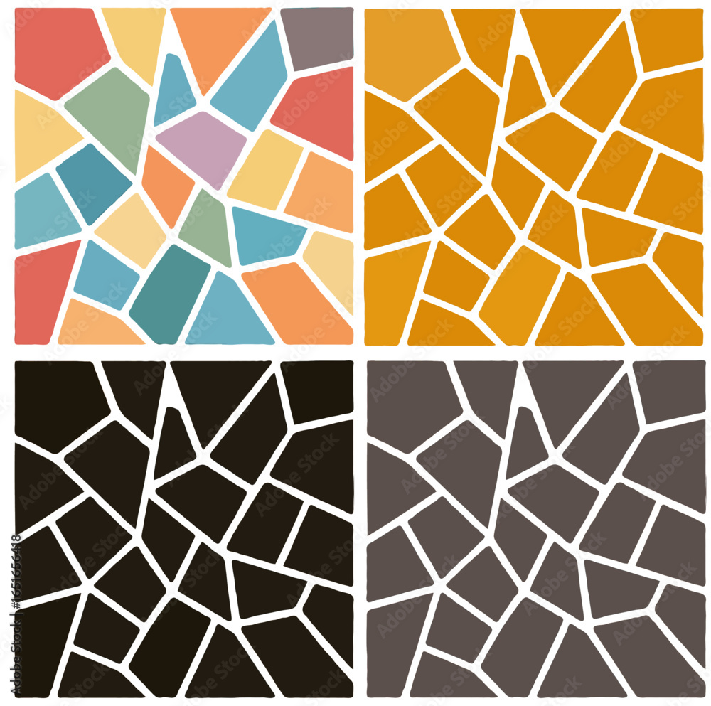 Poster four abstract mosaic patterns featuring different color palettes and irregular shapes.