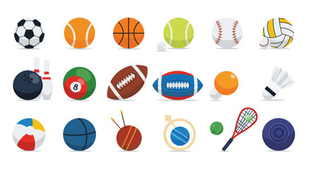 Collection of various sport balls and equipment on a white background