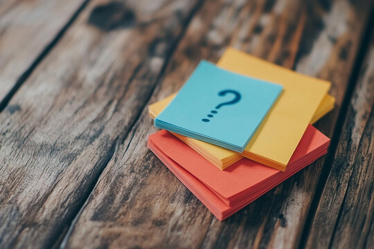 Colorful stack of notes with a question mark on rustic wooden surface
