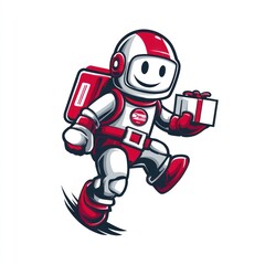 Fototapeta premium Astronaut-suited figure delivers gift, mid-stride, red and white scheme