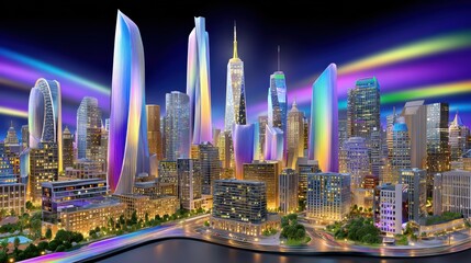 Obraz premium Futuristic Cityscape: Urban Architecture, Modern Skyline, Night