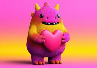Fluffy, vibrant monster holds a heart