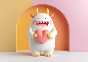 Cartoon monster holding heart, cheerful expression, pastel colors