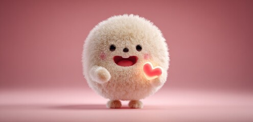 Fluffy, round, cartoon character holding a heart