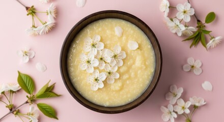 A topdown view of a creamy porridge or oatmeal in a dark bowl, beautifully garnished with delicate white cherry blossoms on a pink background