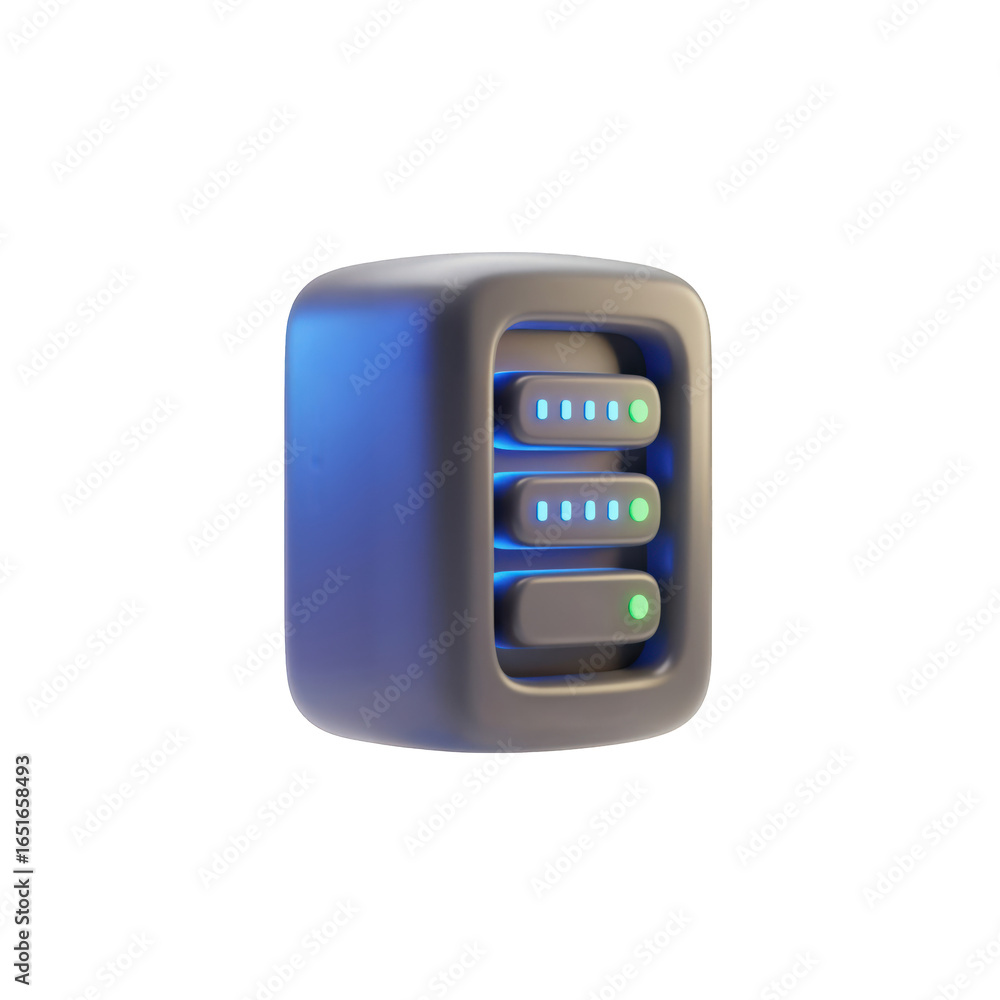 Poster 3d server icon with glowing lights. data center, network storage, and cloud computing concept. moder