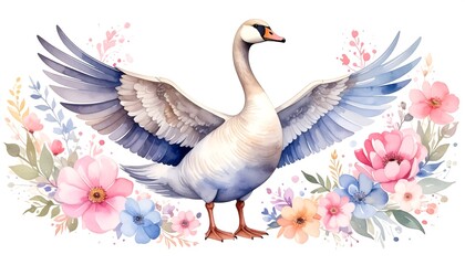 Swan with Floral Wreath with Watercolor.