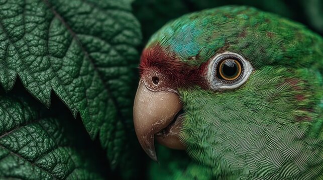 A vibrant green parrot sitting quietly among jungle leaves