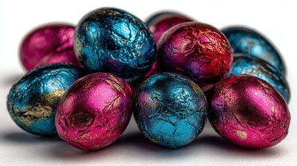Cluster of colorful foil-wrapped chocolate eggs