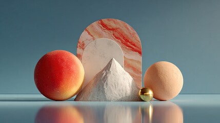 Abstract 3D render of peach and white geometric forms on blue surface