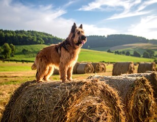 A long-haired dog stands proudly atop hay bales in a sun-drenched field