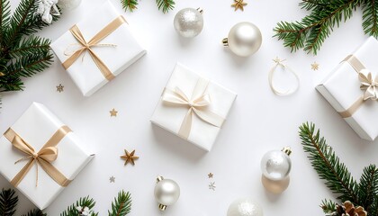 Festive gifts with ornaments, and white background.