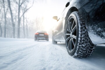 Naklejka premium Black car on snowy road, winter scene