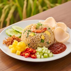 Indonesian Classic Fried Rice: A savory fried rice dish with pickles and crackers.
