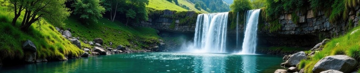 Fototapeta premium Steep hillside, cascading waterfall into pond, beauty, greenery, majestic