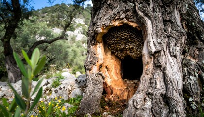 A beehive nestled within a large, ancient tree's hollowed trunk, surrounded by rocky terrain and sparse vegetation