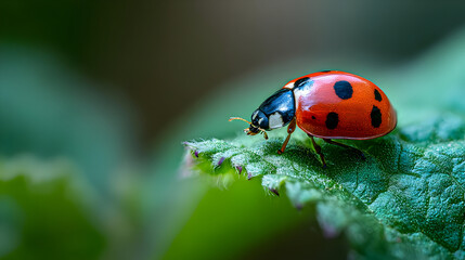 Obraz premium Red Ladybug on a Green Leaf Macro Photography