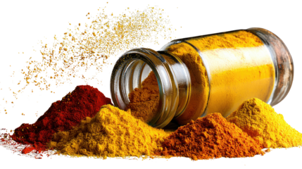 Spices: An inviting overhead shot of colorful spices overflowing from a transparent jar, inviting culinary exploration and sensory delight.