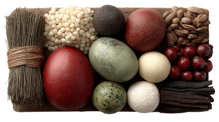 Vibrant Eggs & Gourmet Texture: An exquisite display of colorful eggs & gourmet textures, meticulously arranged for a delightful visual experience.