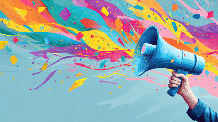 Role of content curation in marketing concept. A vibrant megaphone emits colorful confetti and creativity.