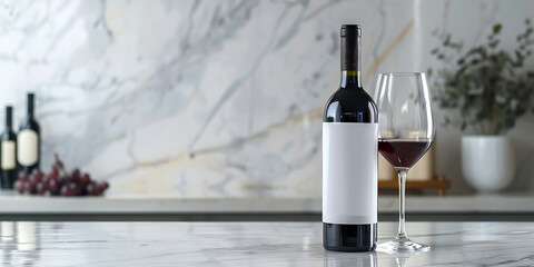 Wine bottle with empty label and glass on marble counter
