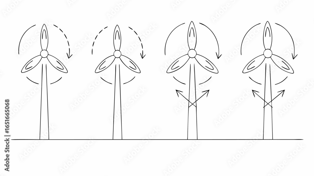 Poster vector four wind turbines with arrows indicating rotation and energy transfer in a line drawing illu