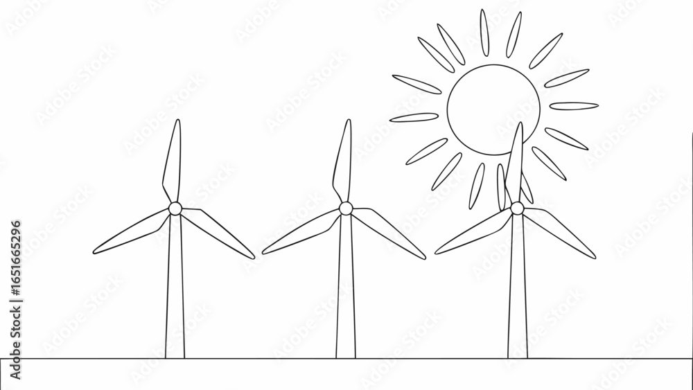 Poster vector illustration of a landscape with three wind turbines and a shining sun in a simple line drawi