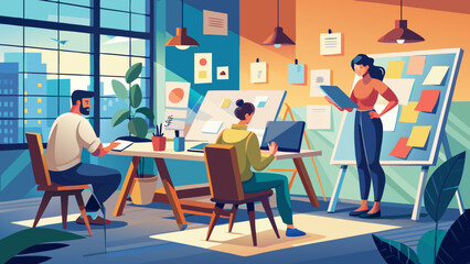 People collaborating in a modern office environment scene