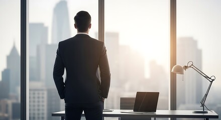 Fototapeta na wymiar Successful businessman looking out the office window at the city skyline contemplating future business ventures and planning for corporate growth
