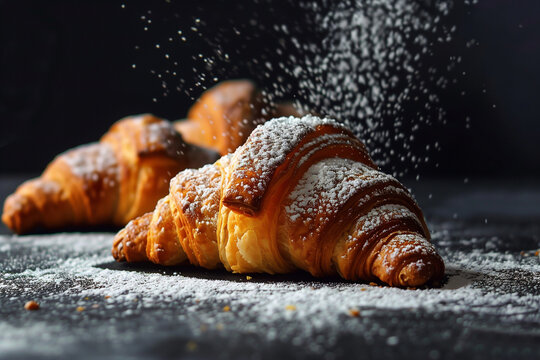 Ruddy croissant on a black background in powdered sugar