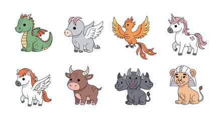 Fototapeta premium 8 cute cartoon mythical creatures in two rows on a white background