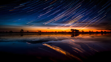 Night sky ablaze with electric blue and fiery orange meteor trails mirrored in a tranquil lake.