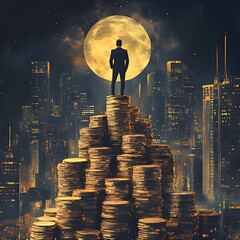 Ambitious man standing on a huge stack of gold coins overlooking a modern city skyline under a bright full moon at night, symbolizing financial success.