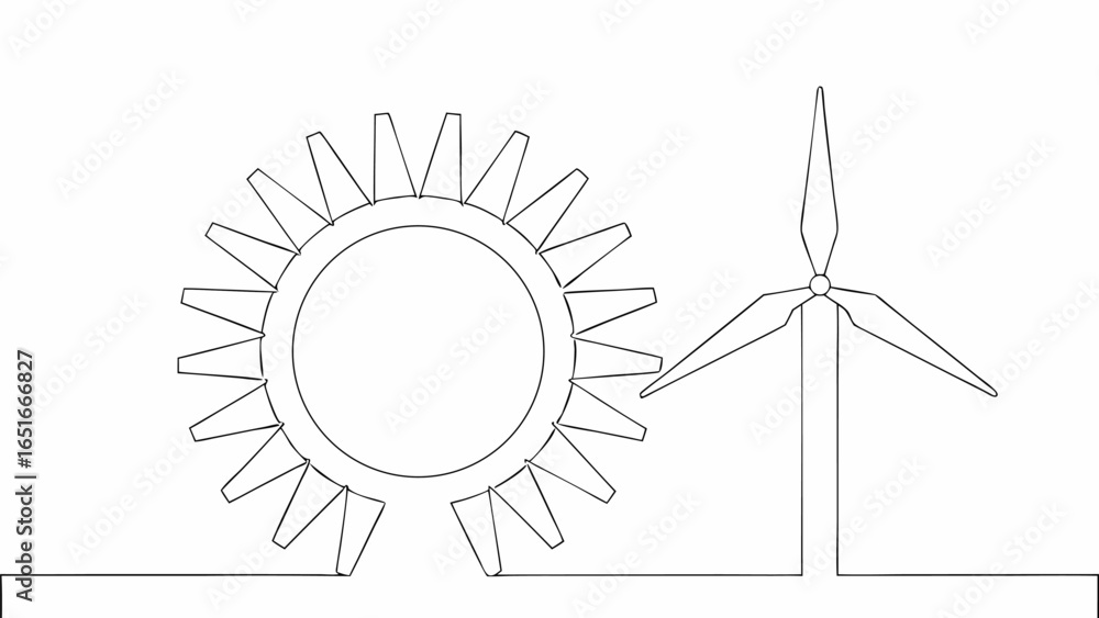 Poster vector illustration of a sun with rays and a wind turbine on a flat surface in a minimalist line dra