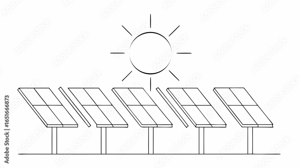 Poster vector illustration of solar panels array under the sun with clean energy concept in a simple line d