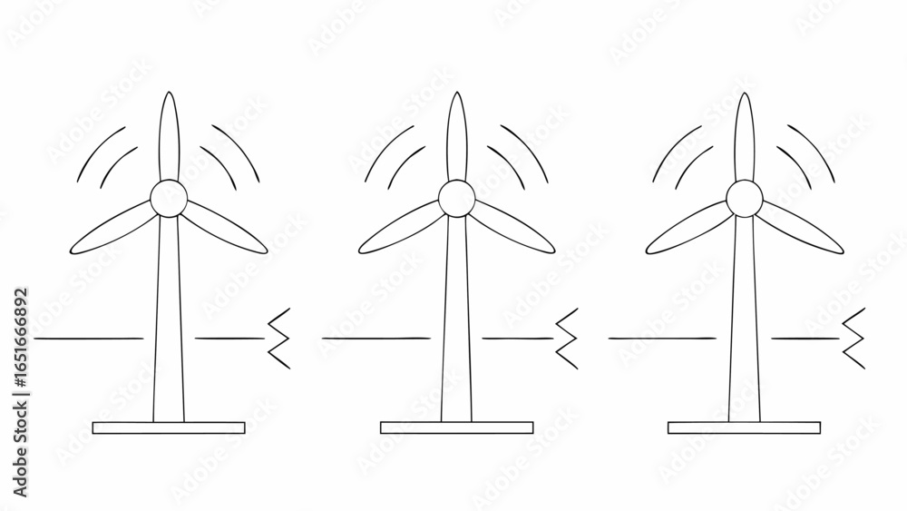 Poster vector three wind turbines depicted in a simple line drawing with wind direction indicators shown in