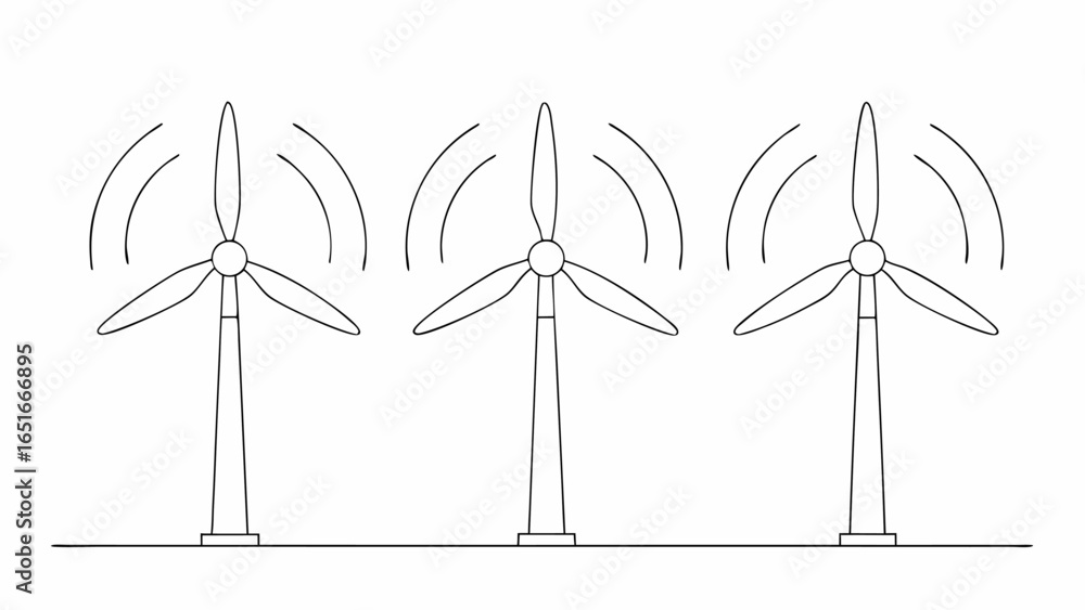 Poster vector illustration of three wind turbines with three blades each generating power in a clean energy