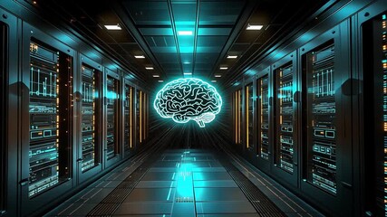 Glowing stylized brain floats in futuristic server room symbolizing artificial intelligence blending technology and intelligence for AI data processing future technologies digital innovation concept - Powered by Adobe