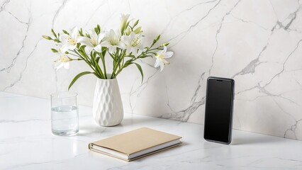 Elegant still life with smartphone, flowers, book, and water glass on marble