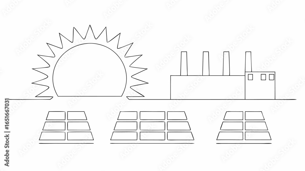 Poster vector illustration showing a factory with three chimneys, solar panels, and a sun with triangular r
