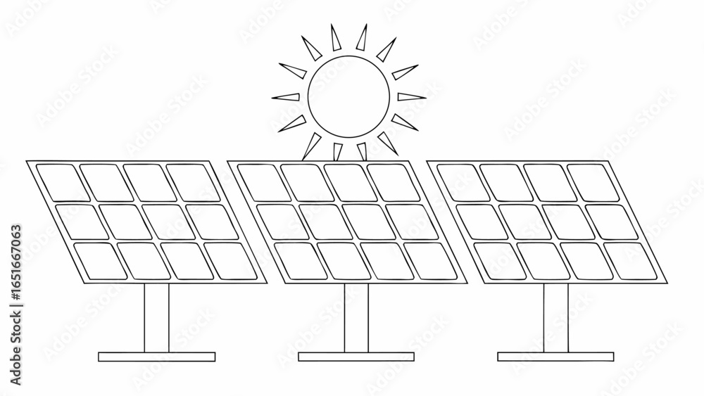 Aufkleber vector illustration of three solar panels in a row with a shining sun above them in a simple black a