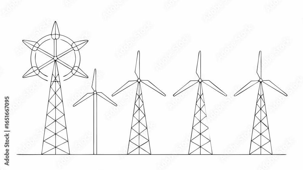 Poster vector illustration showing multiple wind turbines of varying designs and sizes in a row on a horizo