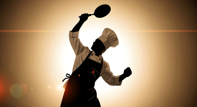 Dynamic chef triumphantly raises spatula, celebrating culinary passion with energetic motion
