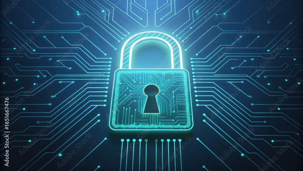Poster digital lock symbol with neon pattern and morphing elements