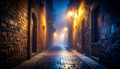 Fototapeta premium Foggy cobblestone street at night.