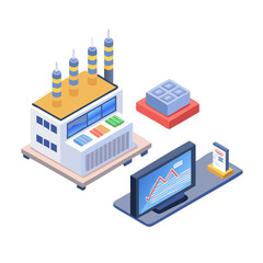 Obraz premium Isometric illustration of smart factory with wireless signal and digital display panel showing data 