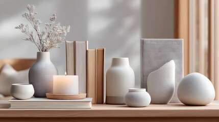 Minimalist Scandinavian interior with soft neutral tones, natural daylight, cozy modern design, and clean composition featuring tabletop with books and candle